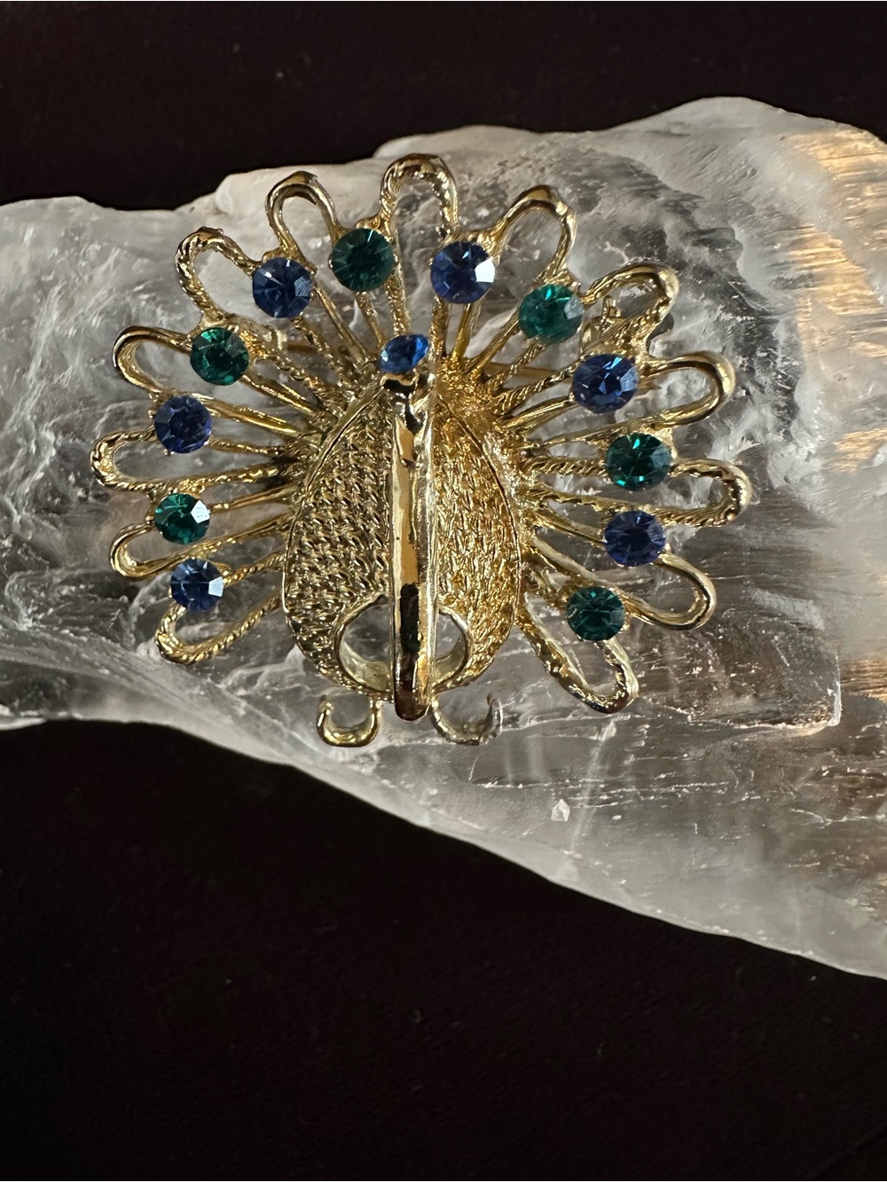 Vintage Peacock Brooch Gold Tone Unsigned  Multi Color Rhinestone